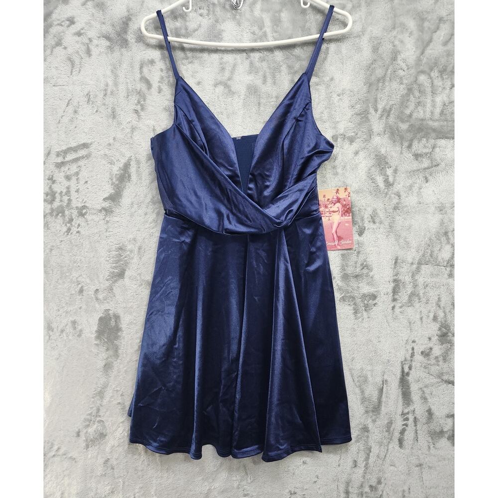 NEW Emerald Sundae Dress Womens L Blue Satin‎ Wrap Mini Spaghetti Straps Party